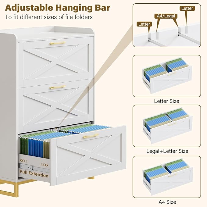 File Cabinet with 3 Drawers, Lateral File Cabinet for Letter/Legal/A4 Size Hanging Files, Large Wood File Storage Cabinets Printer Stand for Home Office, White