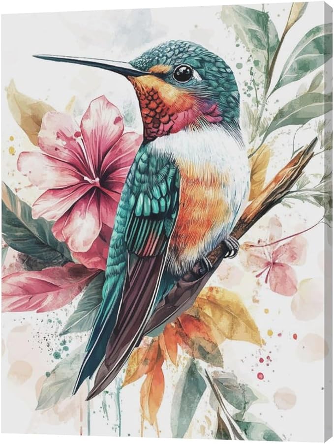 Watercolor Hummingbird Wall Art Country Flower Bird Pictures Wall Decor Colorful Canvas Painting Modern Home Artwork Decorations for Bathroom Bedroom Living Room Office Framed 12"x16"