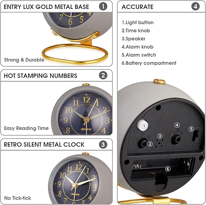 Metal Desk Alarm Clock, Retro Bedroom Table Vintage Analog Alarm Clock, Silent Non-Ticking Gold Clock, Bedside Décor(Sinor Gray)