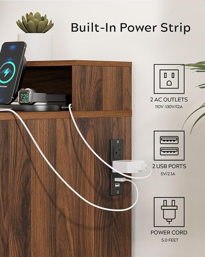 Brown Fluted Executive Desk with Storage Shelf & File Drawer, 55" Modern Wood Office Desk with Monitor Stand & Charging Station, Home Writing Computer Table for Work Study
