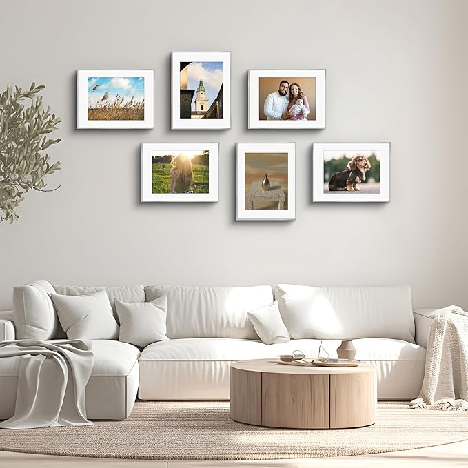 Golden State Art, Gallery Wall Frame Set of 6 - Silver 14x18 Aluminum Photo Frames with Mat for 11x14 Pictures - 14 x 18 inch Metal Frame with Real Glass Cover - Elegant Home or Office Decor