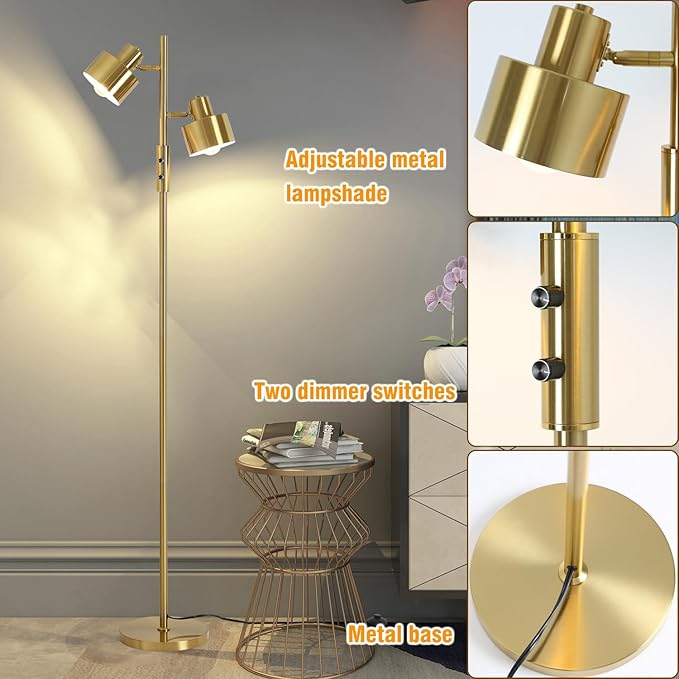Dimming Floor Lamp with 2 Adjustable Head,Tall Modern Industrial Vintage Standing Lamps for Living Room, Bedroom, Office,Study,Gold Corner Light for Reading