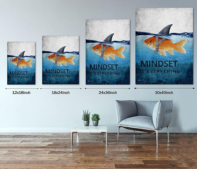 Inspiration Office Canvas Wall Art Posters Goldfish Pictures Big Shark Canvas Painting Mindset is Everything Print Poster Home Decor for Guest Room Bar, Framed 24" W x 36" H