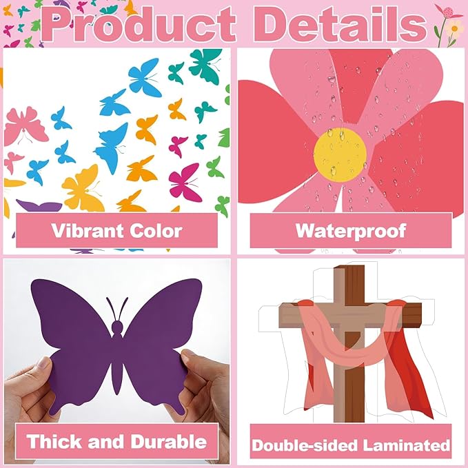 Easter Christian Bulletin Board Set He is Risen Paper Cutouts Butterfly Classroom Decoration Easter Butterfly Flowers Bulletin Board for Sunday Spring School Church Party Home Chalkboard Decor
