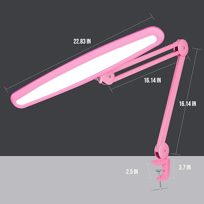 Neatfi XL 2,200 Lumens 24W LED Desk Lamp – 23” Wide Shade | Dimmable Eye-Caring Task Light | Adjustable Arm | Home Office, Study, Crafts & Nail Tech (Pink, Non-CCT with Clamp)