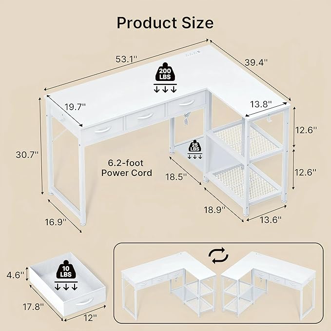 Gizoon 53 Inch White L Shaped Gaming Desk with CPU Stand & Power Outlet - Reversible Corner Desk with Drawers, Storage Shelves and 2 Hooks for Gaming Setup, Home Office, Living Room