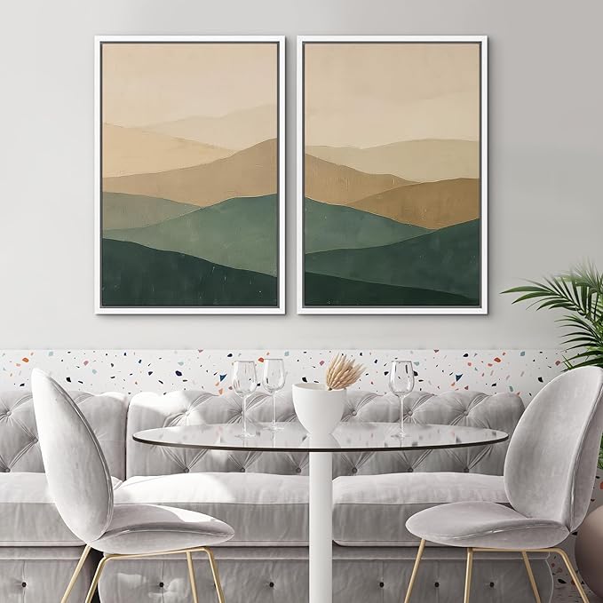 SIGNWIN Framed Canvas Print Wall Art Set Green and Beige Abstract Mountain Landscape Illustrations Modern Art Minimal Boho Relax/Calm for Living Room, Bedroom, Office - 24"x36"x2 White