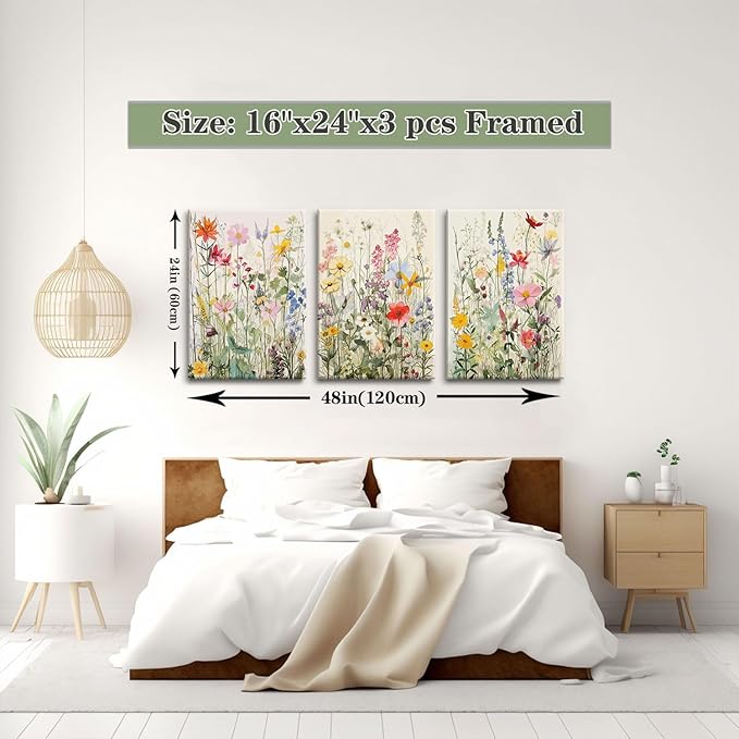 KISSFOX 3 Piece Watercolor Flower Framed Wall Art Decor Colorful Botanical Wildflower Pictures Paintings Wall Decor Modern Minimalist Floral Canvas Art Prints Artwork For Bedroom Living Room Bathroom