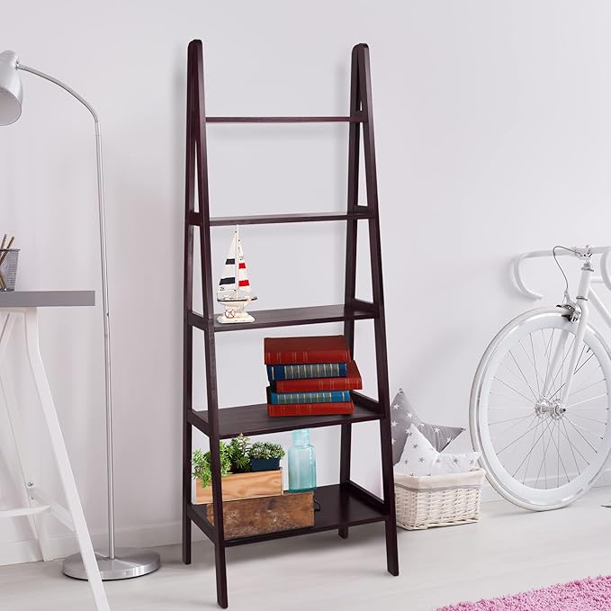 Casual Home 100% Solid Wood 5-Shelf Ladder Bookcase, Standard, 72"H, Espresso