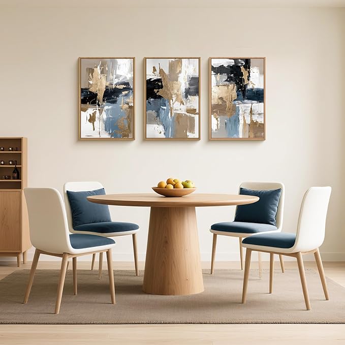 KAIRNE Blue Abstract Neutral Wall Art Set of 3, Modern Minimalist Framed Canvas Art, Textured Watercolor Wall Decor,Gold, Brown, Gray Tan, Black for Living Room, Bedroom, Office 16x24 Inch