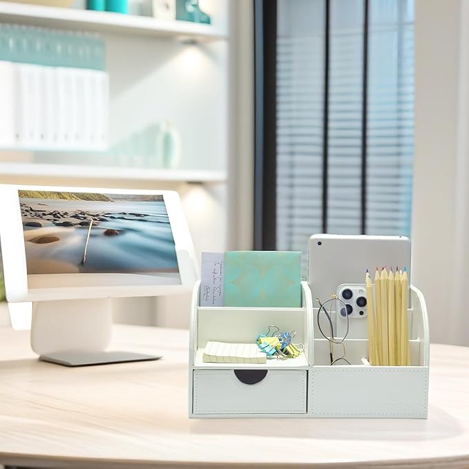 UnionBasic Desk Organizer - Multifunctional Leather Desktop Pen Holder Storage Box - Business Card/Pen/Pencil/Mobile Phone/Stationery Holder, White