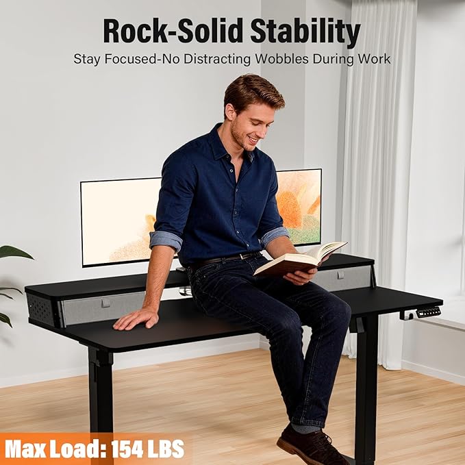 Kingant 35 x 20 Inch Small Electric Standing Desk with Dual Drawers, Height Adjustable Sit to Stand Computer Desk with Storage Shelf and C-Clamp Mount Compatibility for Home Office, Black