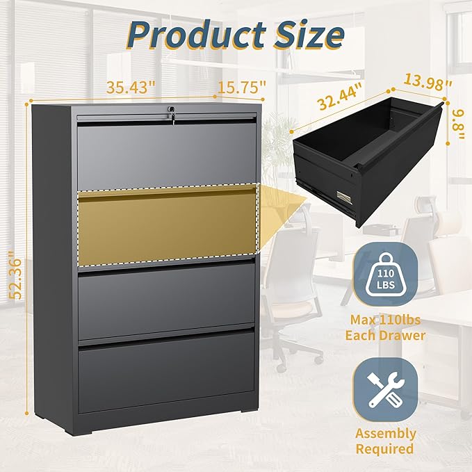 4 Drawer File Cabinet with Lock, Lateral Filing Cabinets,Metal Storage Filing Cabinets for Home Office, Heavy Duty File Cabinet for Letter/Legal/A4/F4 Size Amsseble Required, Black