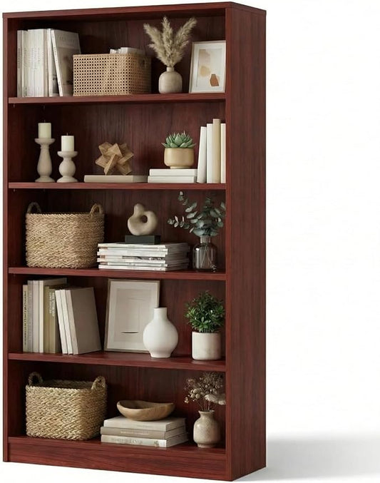 5 Tier Wooden Bookshelf, 60" H Tall Book Shelf with Adjustable Shelves, 33" Wide Bookshelf for Home Office, Living Room