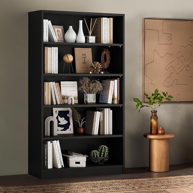 Soohow 5 Shelf Bookcase,60 Inch Wood Tall Bookshelves for Living Room,Black