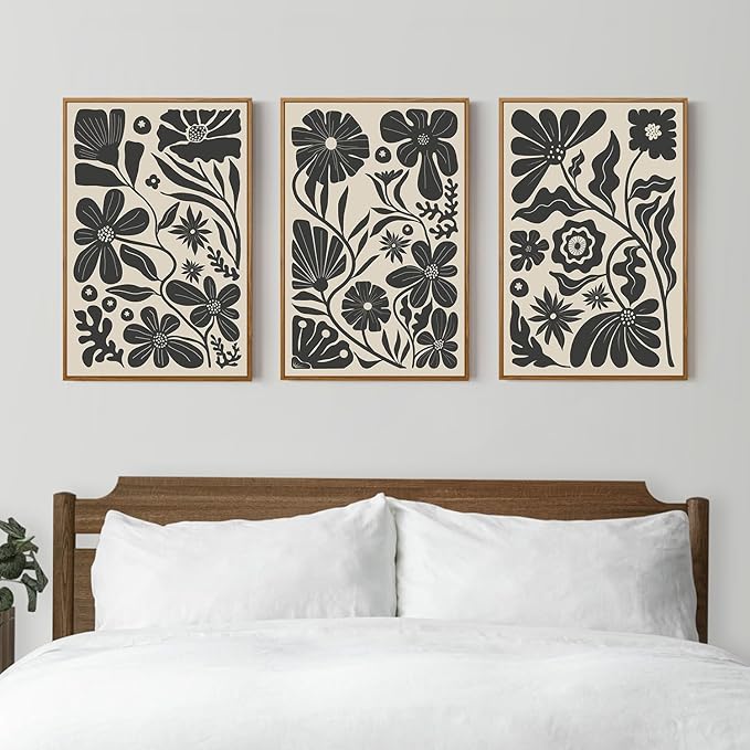 Ausril Black Floral Botanical Framed Canvas Wall Art Set, Abstract Floral Market Wall Decor, Modern Vintage Wall Painting, Boho Minimalist Art Print for Living Room Girl Room Office 16"x24"x3