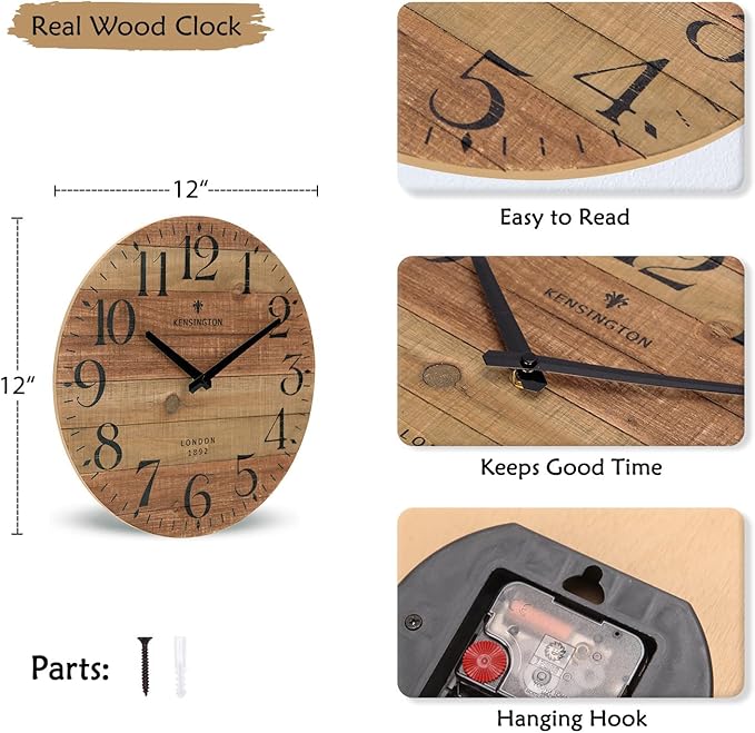 NIKKY HOME Rustic Farmhouse Wood Wall Clock - 12 Inch Battery Operated Silent Non Ticking Distressed Wooden Shiplap Clock for Kitchen, Living Room, Bedroom, Bathroom