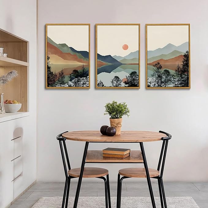 Bwodke Framed Wall Art Canvas Mountain Wall Art Set of 3 Boho Watercolor Nature Landscape Picture Decor Sun Forest Prints Artwork for Living Room Bedroom Office 16"x24"