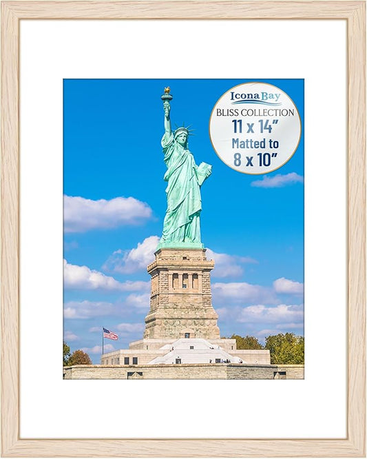 Icona Bay - 11x14 Light Oak Picture Frame with Removable Mat for 8x10 Photo - Modern Style Engineered Wood Frame - Wall Mount Only - Bliss Collection