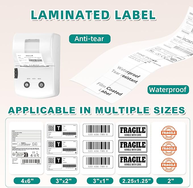 Portable Bluetooth Label Maker Machine with 3 Waterproof Label Rolls, 2 Inch Lightweight Thermal Label Printer for Small Business Office School Home Kitchen No Ink Needed