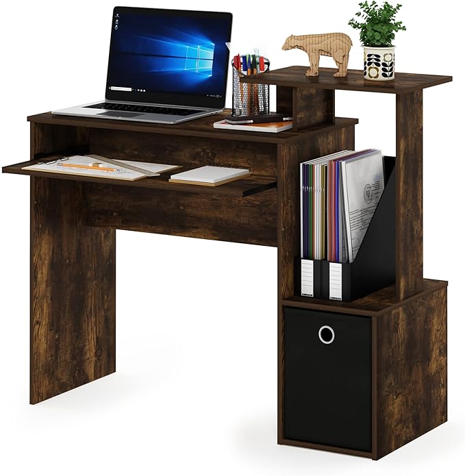 Furinno ECON Desk, Gaming Desk with Keyboard Tray, Computer Desk, Office Desk with Side Shelves and Storage Bin, 40-Inch, for Home Office, Study Room, Dorm, Amber Oak