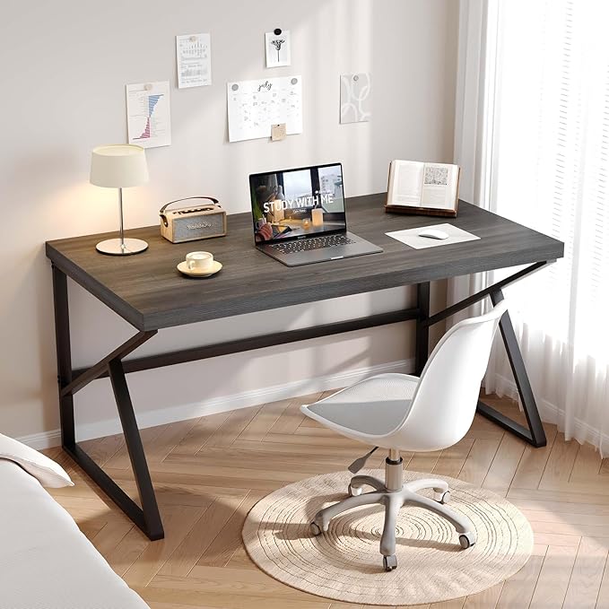 HSH Industrial Home Office Desk, Metal and Wood Computer Desk, Rustic Vintage Soho Work Study Writing Table, Modern PC Desk for Livingroom Bedroom, Farmhouse Computer Table Grey 55 inch Wide