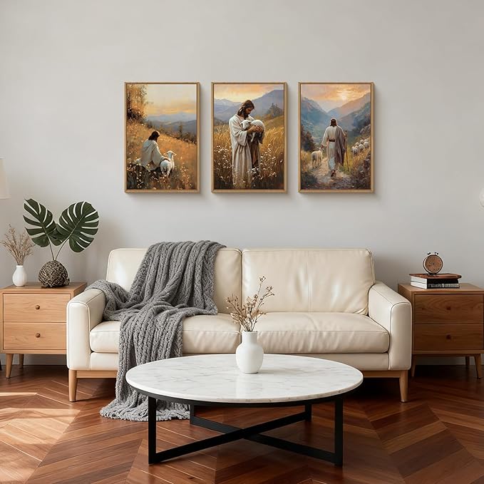 HOURIA Jesus Christ Easter Leaves The 99 Sheep Framed Canvas Wall Art Set,Christian Embraces The Lost Sheep Decor,Religious Bible Verse Resurrection Artwork for Church,Prayer Room,Home- 16"x24"x3