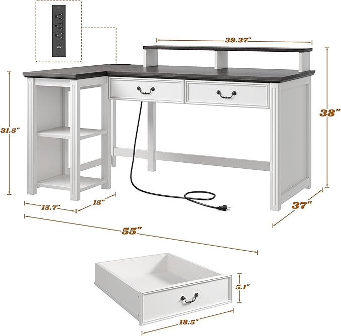 EnHomee 55" L Shaped Farmhouse Computer Desk with Drawers, Office Desk with Long Monitor Stand & Storage Shelves for Bedroom, Desk for Home Office, Desks with Power Outlets & LED Lights, Study Room