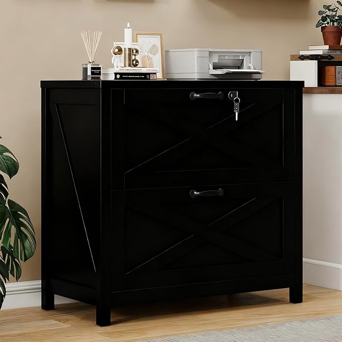 Farmhouse File Cabinet, Lateral Filing Cabinet with 2 Drawers with Lock for Letter/A4 Size Hanging Files, Large Wooden Printer Stand File Storage Cabinet for Home Office, Rustic Black