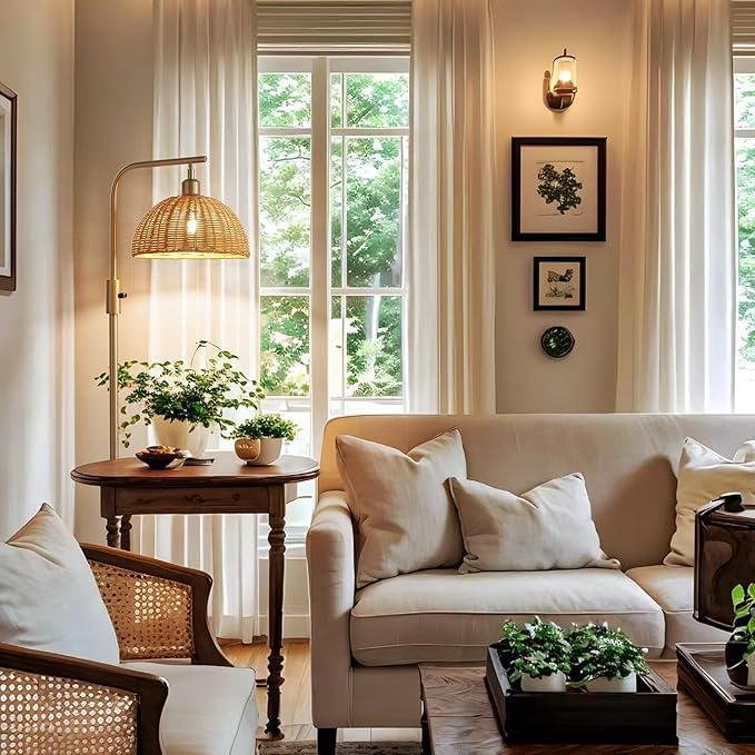 Boho Floor Lamp for Living Room: Rattan Floor Lamp for Bedroom - Gold Standing Lamp with Dimmable Tall Lamp,No Bulb