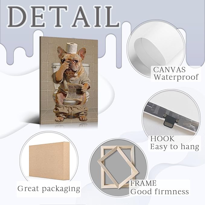 Funny Bathroom Canvas Wall Art French Bulldog Holding Nose Wall Art with Wooden Frame, Lightweight Humor Animals French Bulldog Painting Bathroom Decor for Restroom, Ready to Hang 24x36 Inches