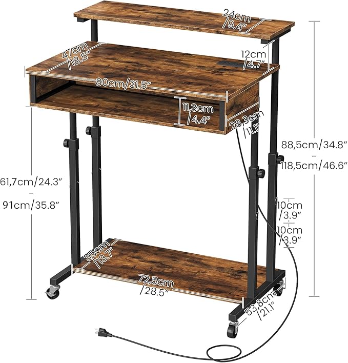 Computer Desk, Standing Desk on Wheels, Rolling Desk with Charging Station, Height-Adjustable Laptop Desk, for Living Room, Home Office, Rustic Brown and Black TDN08UBF