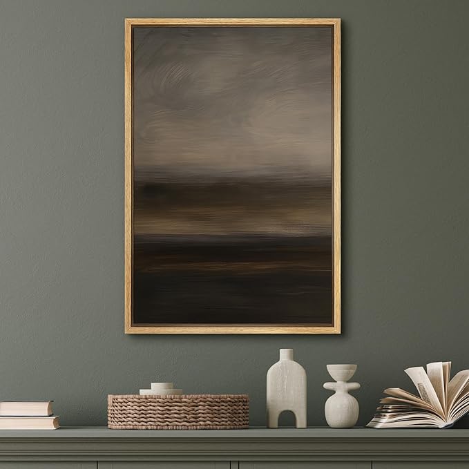 SIGNFORD Framed Canvas Print Wall Art Misty Dusk Abstract Soft Gray and Brown Layered Landscape Illustration Modern Art Decorative Chic Relax/Zen for Living Room, Bedroom, Office - 24"x36" Natural