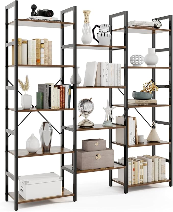 Giantex 5-Tier Industrial Bookshelf, Triple Wide Heavy-Duty Metal Frame Bookcases w/ 14 Open Shelves, Large Floor Standing Display Shelf Rack w/Anti-tip Kits, Storage Shelf for Living Room Study