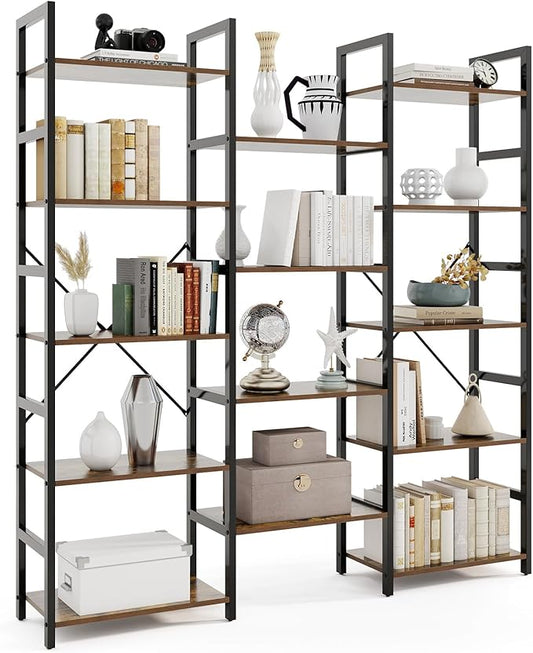 Giantex 5-Tier Industrial Bookshelf, Triple Wide Heavy-Duty Metal Frame Bookcases w/ 14 Open Shelves, Large Floor Standing Display Shelf Rack w/Anti-tip Kits, Storage Shelf for Living Room Study