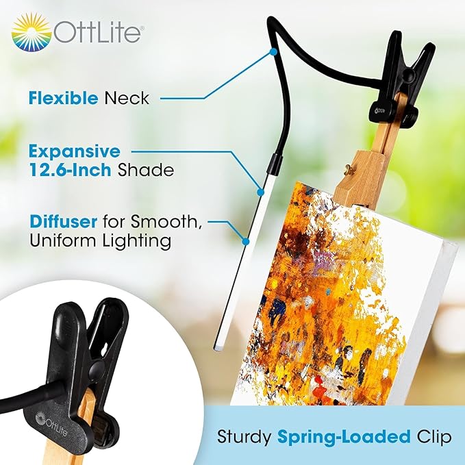 OttLite Clip-On LED Easel Lamp with ClearSun LED Technology - Sturdy Clip Light with On/Off Switch Cord - Adjustable & Flexible Neck for Precise Lighting, Piano, Computer Desks, Shelves & Tables