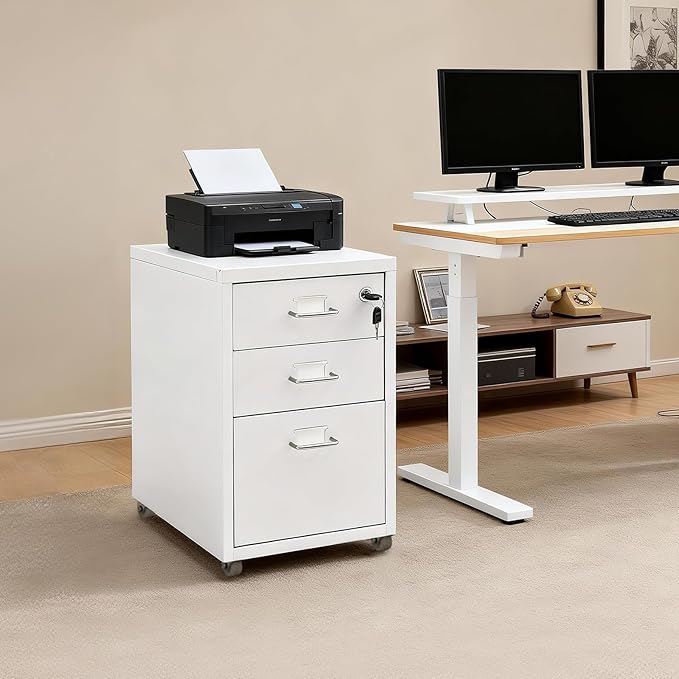 3 Drawer File Cabinet, Lockable Small Filing Cabinet for Home Office, with Wheels, Fits A4 / Letter Size, Steel Office File Cabinets (White)