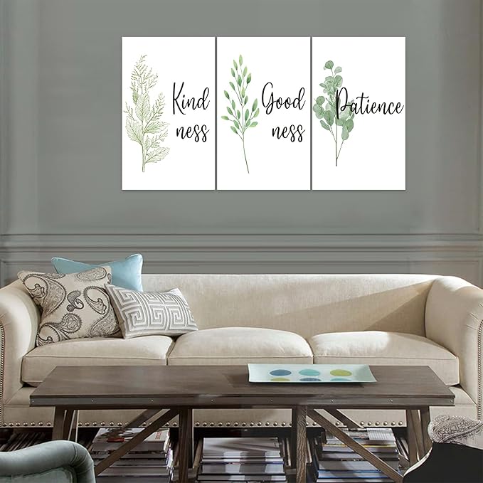 3 Piece Inspirational Wall Art, White Plant Background Picture, Quote "Kind Good Patience" Canvas Print for Office Decor, Triptych Entrepreneur Painting Framed Artwork for Home Wall Decor (72"Wx36" H)