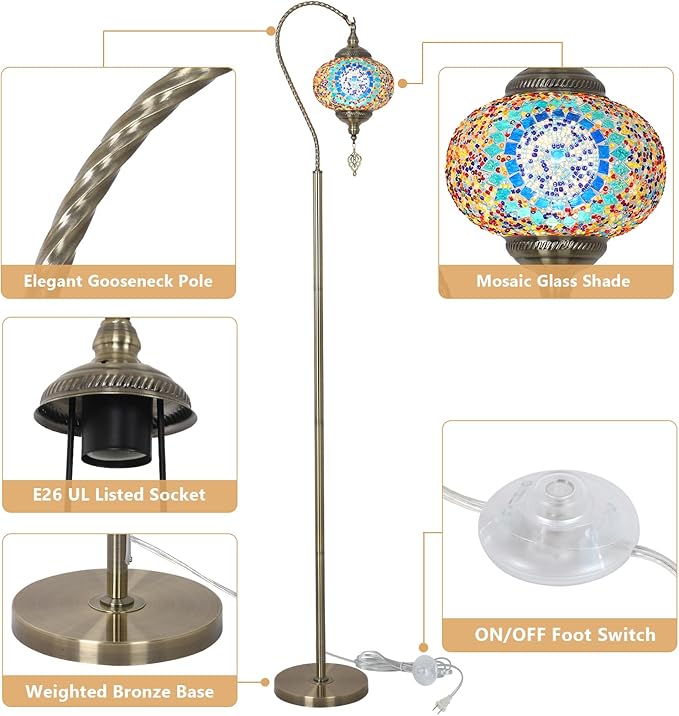 Turkish Floor Lamp, Modern Moroccan Lamps for Living Room with Handmade Mosaic Glass Shade, Vintage Floor Lamp Tall Pole Lamp, Bronze Tiffany Standing Lamps for Bedroom Corner Light