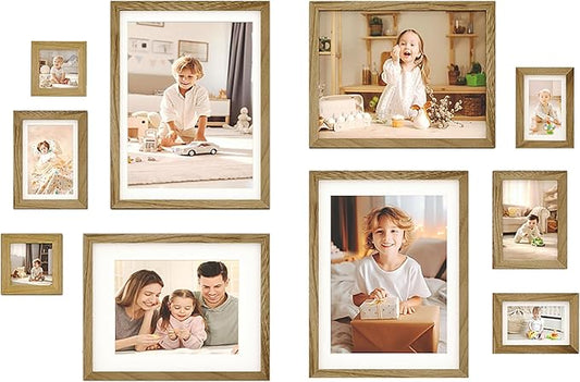 Egofine Picture Frame Set - 10 Assorted Sizes, Collage Wall Decor with 12x16, 11x14, 5x7, 4x6, 4x4 Frames for Wall & Tabletop, Solid Wood, Plexiglass Cover, Carbonized Brown