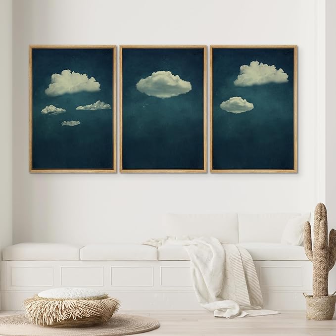 SIGNWIN 3 Piece Framed Canvas Wall Art A Series of White Clouds in The Blue Sky Nature Wilderness Illustrations Abstract Traditional Home Artwork Decoration for Living Room,Bedroom - 24"x36"x3 NATURAL