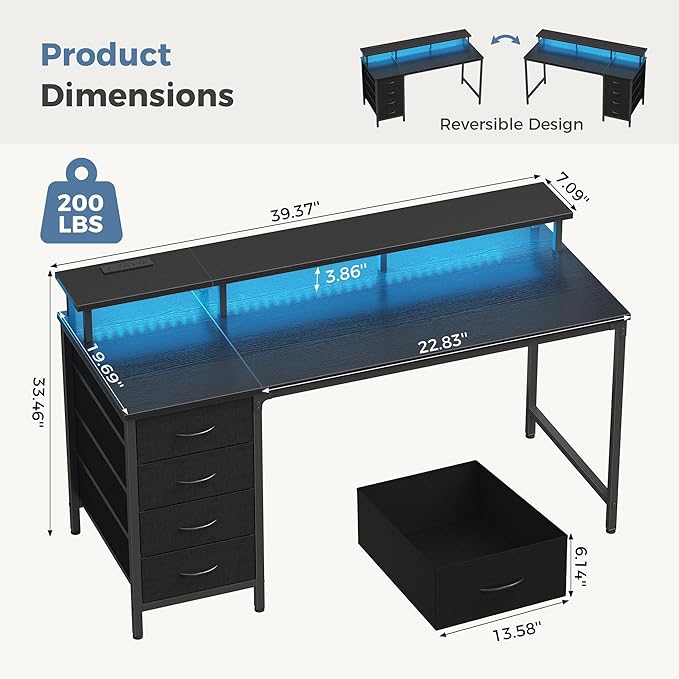 DUMOS 40 Inch Computer Desk with 4 Drawers,4 Drawer Gaming Desk with with Power Outlets and LED Lights,Office Desk for Small Spaces with Monitor Shelf,Writing Desk for Home Office, Bedroom,Study,Black