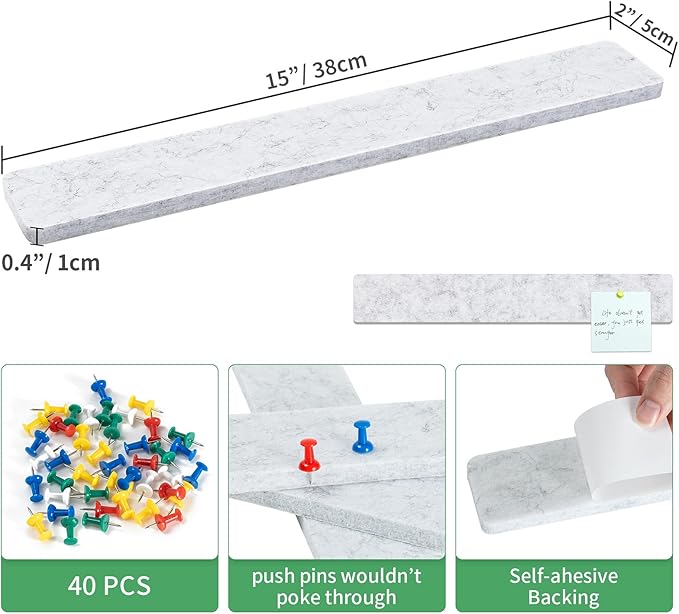 Cork Board for Walls - 8 Pack Felt Pin Board Bar Strips - Self-Adhesive Lightweight Bulletin Board - Cork Board for Office with 40 Push Pins No Damage for Wall (Light Grey)