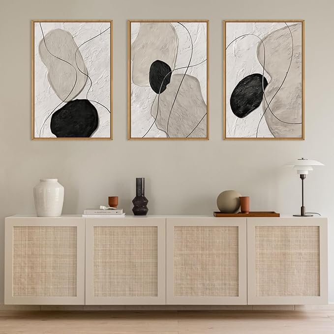 ANHUIB Neutral Abstract Wall Art Canvas,Mordern Geometric Wall Decor Framed,Contemporary Minimalist Artwork, Black Beige Canvas Prints, 3 Piece 24 * 36IN Painting for Living Room Bedroom Office