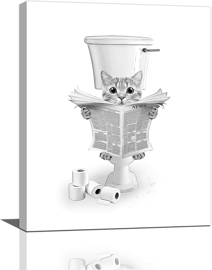 Cat Bathroom Wall Art Black and White Cat Pictures Wall Decor Funny Animal Canvas Painting Print Modern Home Decoration Artwork Framed 16"x20"