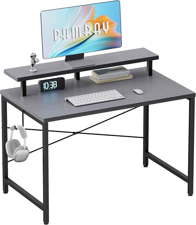 Pamray 32 Inch Small Computer Desk with Monitor Stand, Simple Office Desk with Headphone Hook for Small Spaces, Kids Study Writing Table for Bedroom, Grey