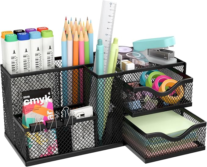 Mesh Desk Organizer, Pen Organizer with 2 Drawers and 5 Compartments, Versatile Pen Holder for Small Space, Desk Organizers and Accessories for School Office Supplies, Black