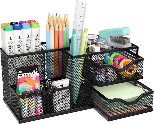 Mesh Desk Organizer, Pen Organizer with 2 Drawers and 5 Compartments, Versatile Pen Holder for Small Space, Desk Organizers and Accessories for School Office Supplies, Black