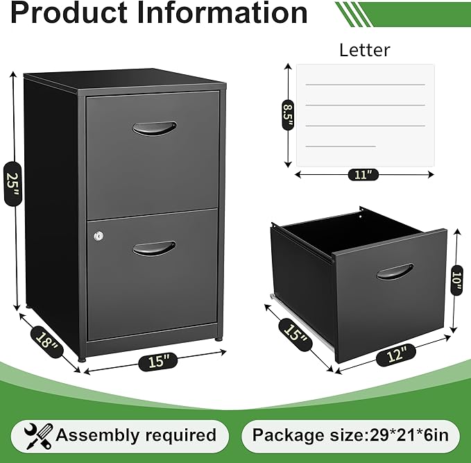 2 Drawer File Cabinet with Lock,Black Small Filing Cabinet for Home Office, Metal Vertical File Under Desk Cabinets for A4/Letter,Assembly Required