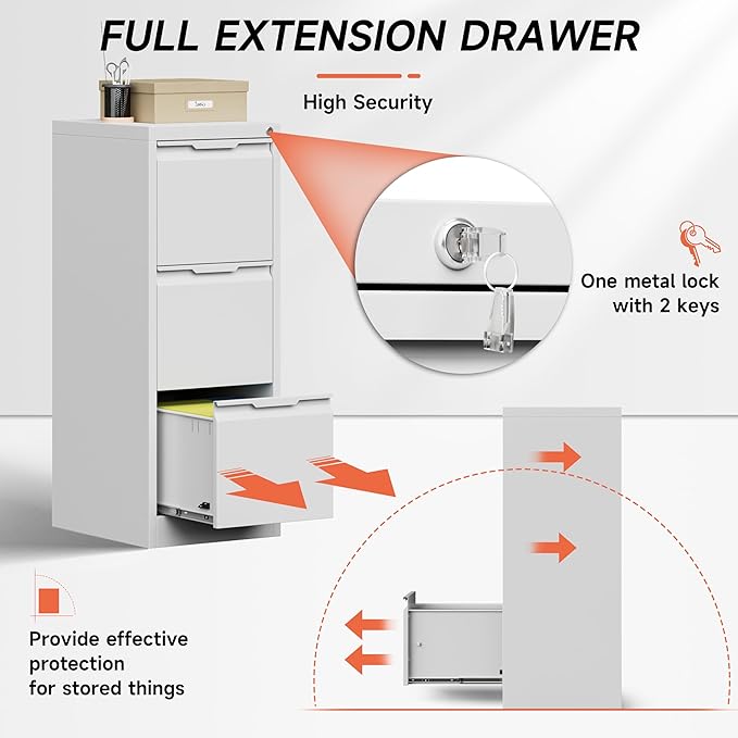 3 Drawer File Cabinet with Lock, Printer Stand, Office Filing Organizer, for A4 and Letter Size Files,Assembly Required(White)